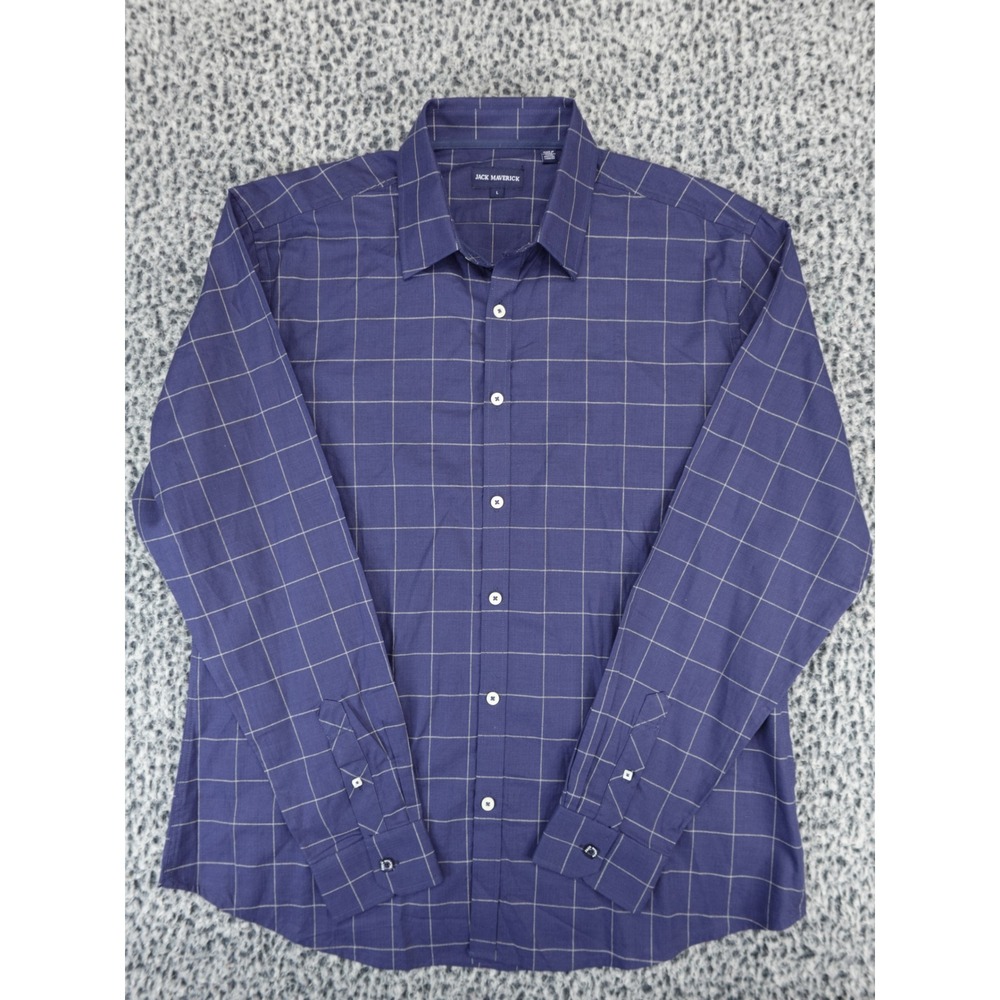 Jack Maverick Mens Large Blue Windowpane Plaid Long Sleeve‎ Button Down Shirt